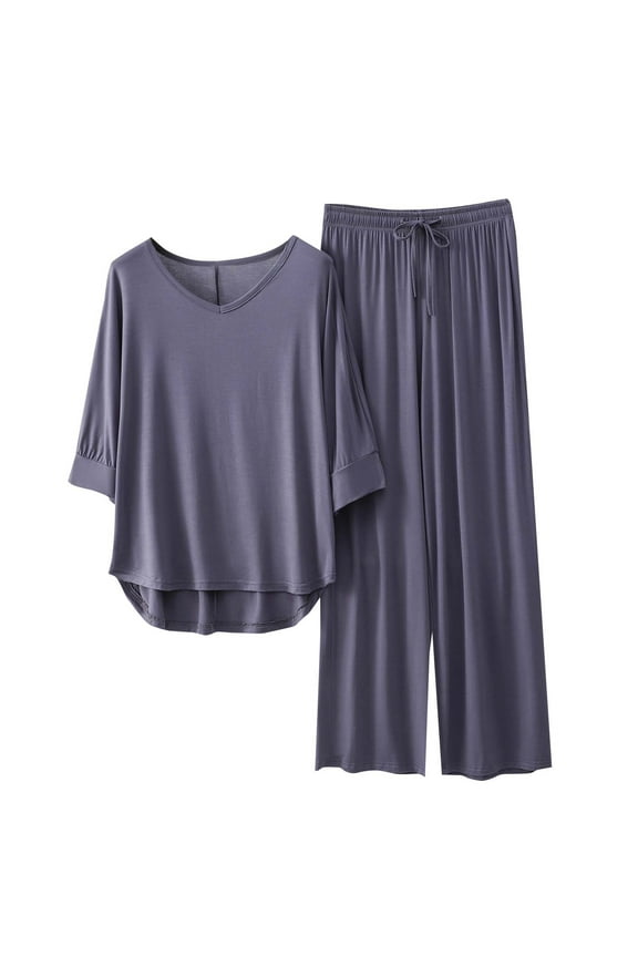 Women's Pajamas V Neck 3/4 Sleeves and Long Pants Pjs Set Summer 2 Piece Lounge Sets Sleepwear