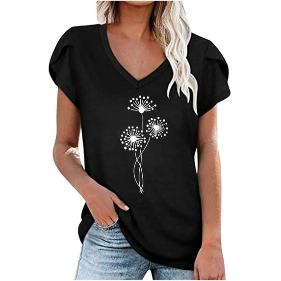 Posijego Women's Petal Sleeve Tops Graphic Tees Shirt for Women V Neck Short Sleeve T Shirts Summer Tunics