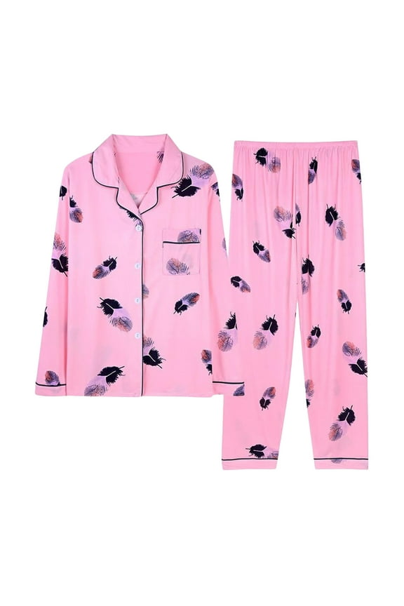 Women's Pjs Set Printed Button down Long Sleeve Shirt and Wide Leg Pants Pajamas Loungewear Sets