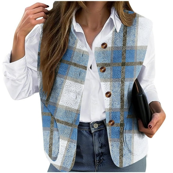 Posijego Women's Plaid Flannel Vest Jackets Button Front Sleeveless Open Front Outerwear Vests for Women