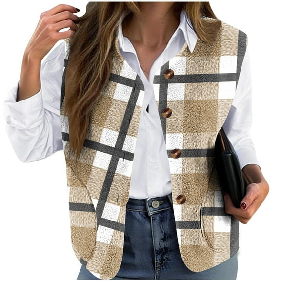 Posijego Women's Plaid Flannel Vest Jackets Button Front Sleeveless Open Front Outerwear Vests for Women