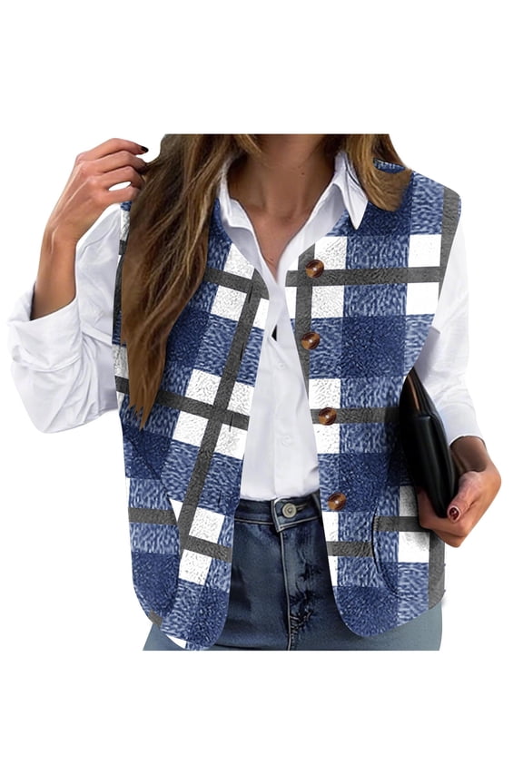 Women's Plaid Flannel Vest Jackets Button Front Sleeveless Open Front Outerwear Vests for Women