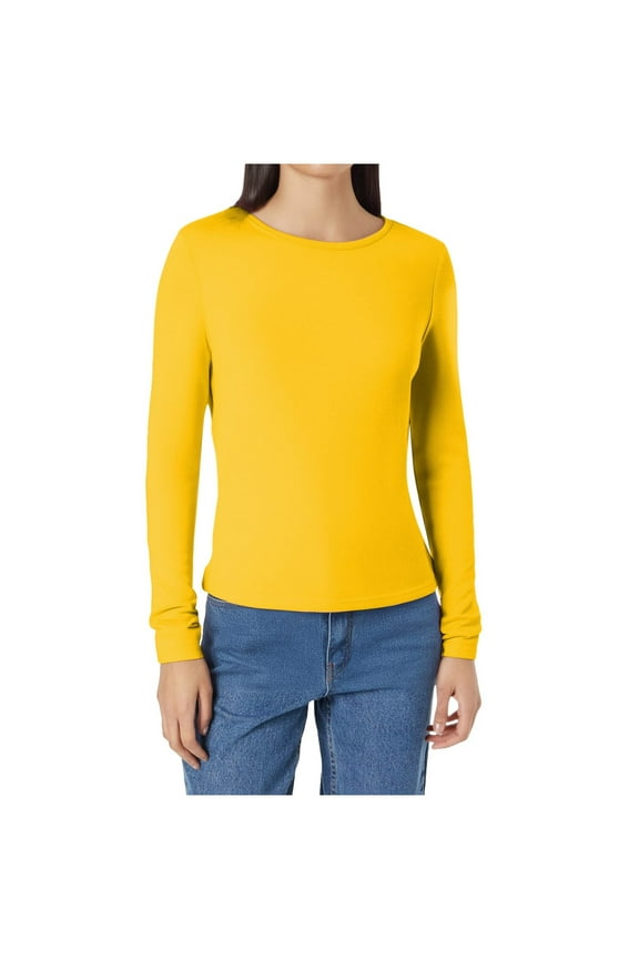 Women's Plain Long Sleeve Shirts Spring Basic Layer Tee Round Neck Slim T-Shirts Womens Undershirts