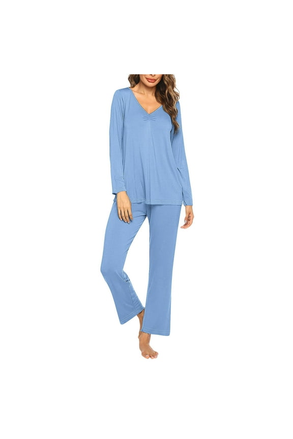 Women's Plus Size Pajama Set V Neck Long Sleeve Top Pants Sleepwear Loungewear Pjs Sets S-3XL