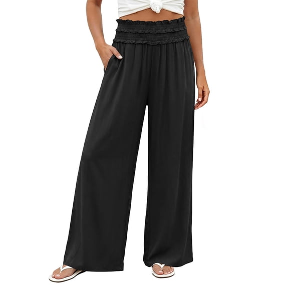 Posijego Women's Plus Size Pants Ruffled Elastic Waist Wide Leg Casual Trousers Flowy Dress Palazzo Pants with Pockets