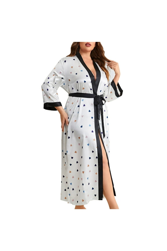Women's Plus Size Robe 3/4 Sleeve Wrap V Neck Sleepwear Loose Bathrobe Lightweight Loungewear