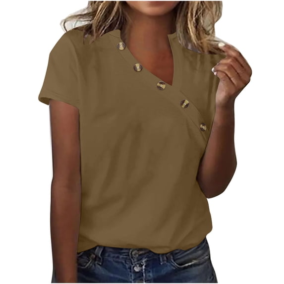 Posijego Women's Plus Size Shirts Asymmetric Collar Short Sleeve T-Shirts Side Buttons Summer Tops for Women