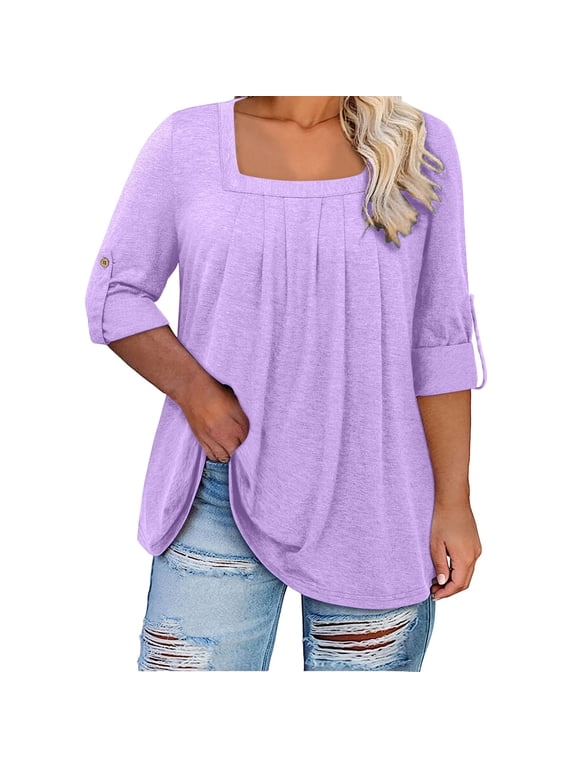 Women's Plus Size Tops 3/4 Sleeve Tunic Tops Square Neck Summer Casual Dressy Blouses Flowy Shirts L-5XL