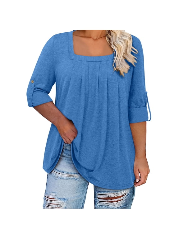 Women's Plus Size Tops 3/4 Sleeve Tunic Tops Square Neck Summer Casual Dressy Blouses Flowy Shirts L-5XL