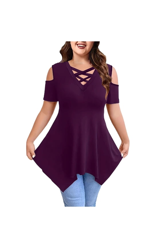 Women's Plus Size Tops Cold Shoulder Short Sleeve Tunics Asymmetrical Hem Casual Summer Going out Shirts