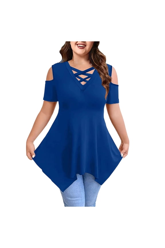 Women's Plus Size Tops Cold Shoulder Short Sleeve Tunics Asymmetrical Hem Casual Summer Going out Shirts