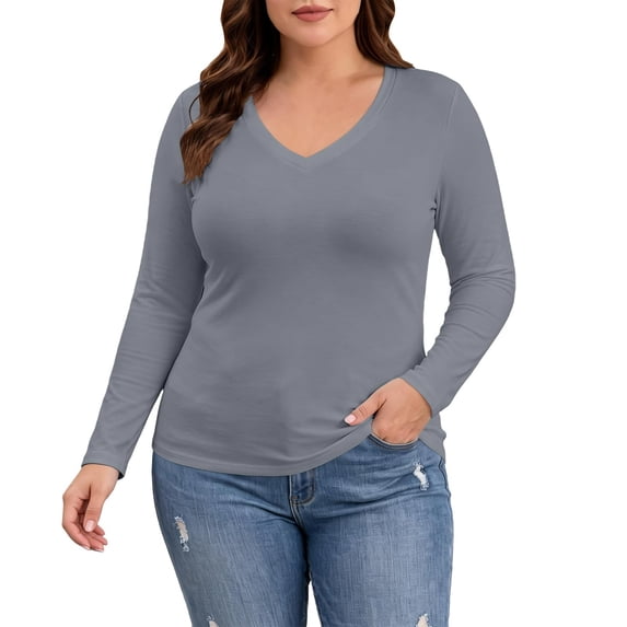 Posijego Women's Plus Size Tops Long Sleeve Shirts V Neck Causal Top Basic Tee Shirts Undershirt Pajamas Tops
