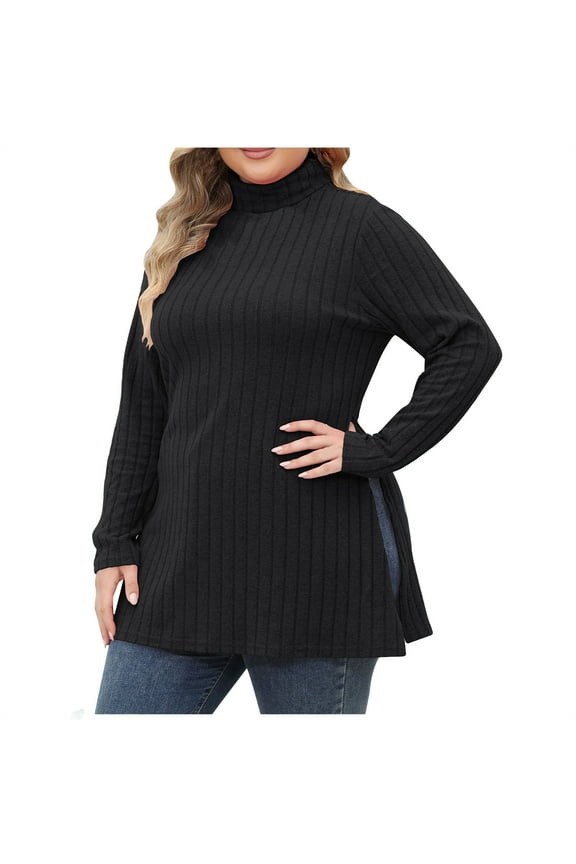 Women's Plus Size Tops Turtleneck Long Sleeve Side Split Knit Pullover Sweater Fashion Tunic Blouse