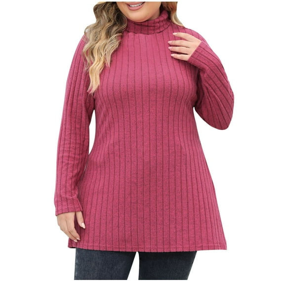 Posijego Women's Plus Size Tops Turtleneck Long Sleeve Side Split Knit Pullover Sweater Fashion Tunic Blouse