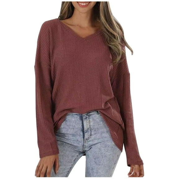 Posijego Women's Plus Size Tops V Neck Long Sleeve Lightweight Knit Pullover Top Loose Basic Tee Shirts