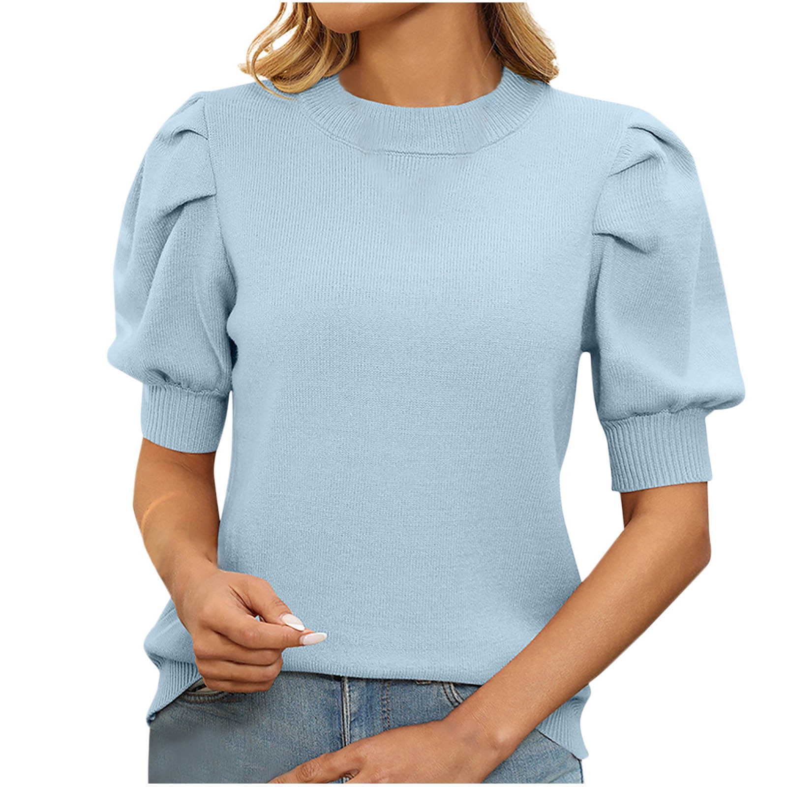 Women's Puff Short Sleeve Sweater Casual Crew Neck Lightweight Knit Pullover Shirts Dressy Blouses