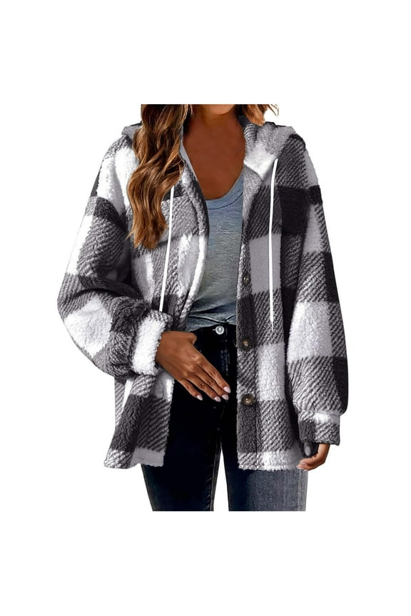 Women's Reversible Fleece Jacket Plaid Sherpa Fuzzy Hooded Winter Coat Plus Size Warm Outwear S-5XL