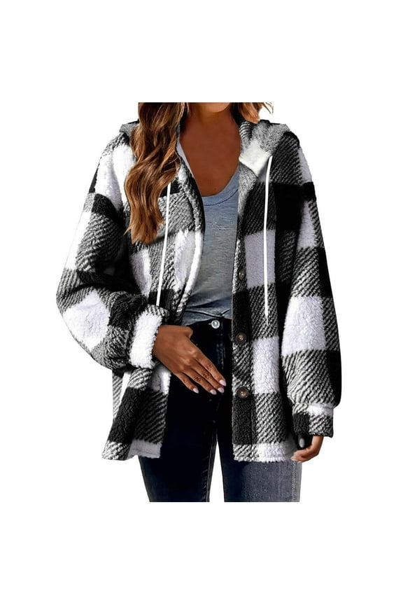 Women's Reversible Fleece Jacket Plaid Sherpa Fuzzy Hooded Winter Coat Plus Size Warm Outwear S-5XL