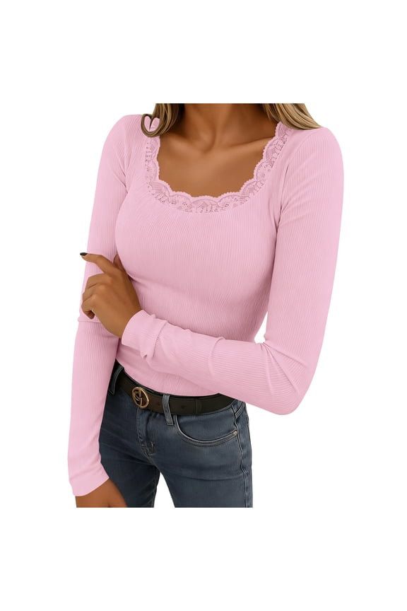 Women's Ribbed Long Sleeve Shirts Lace Trim Basic Tee Tight Shirts Bottom Undershirts Trendy Clothes