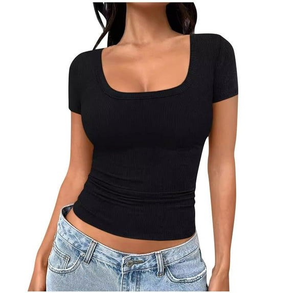 Posijego Women's Ribbed Short Sleeve T Shirts Trendy Going out Crop Tops Square Neck Slim Tight Basic Tees