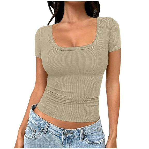 Posijego Women's Ribbed Short Sleeve T Shirts Trendy Going out Crop Tops Square Neck Slim Tight Basic Tees