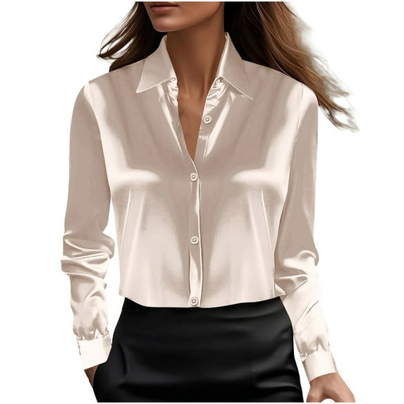 Posijego Women's Satin Button down Shirts Business Office Silk Long Sleeve Lapel Casual Work Blouse for Women