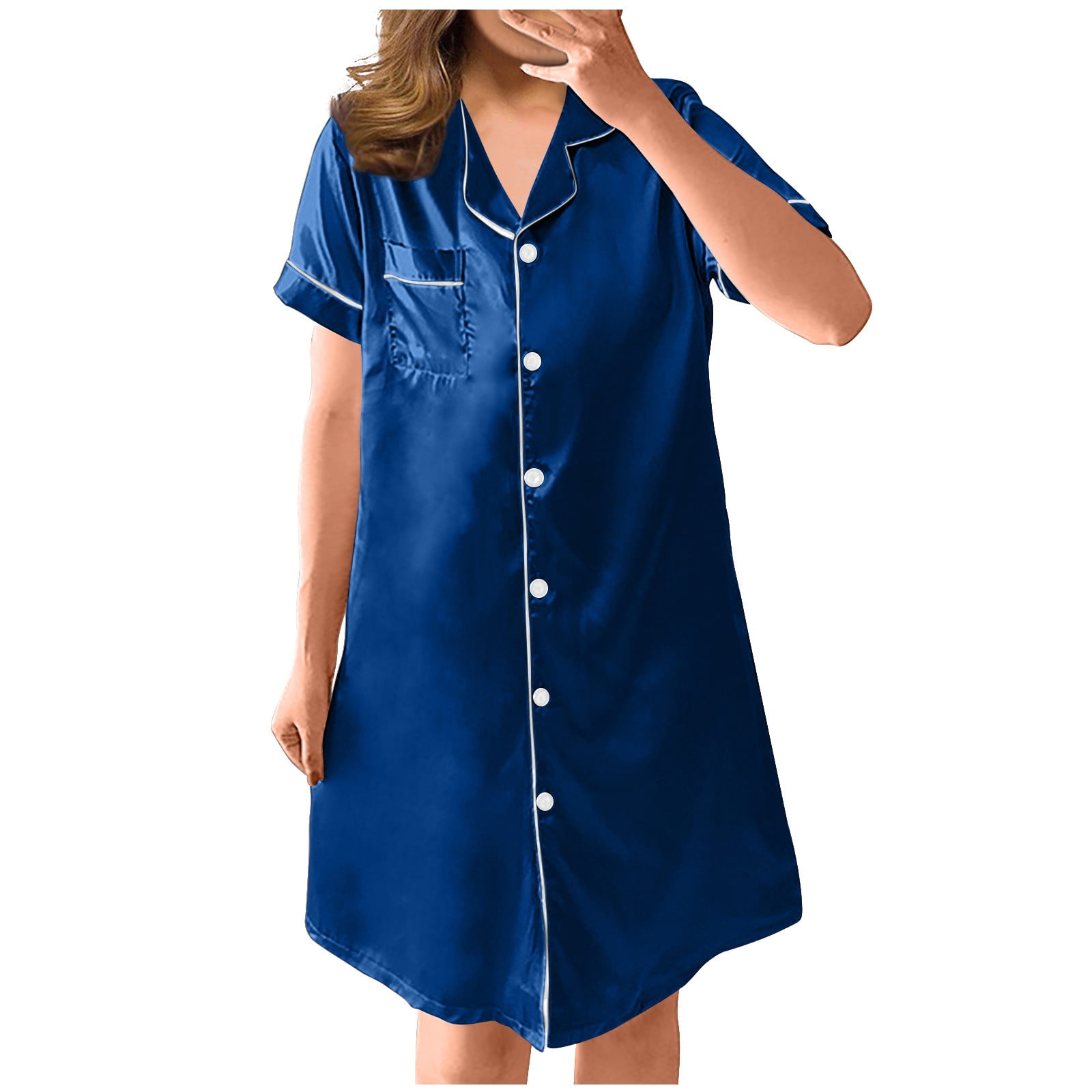 Posijego Women's Satin Nightgown Short Sleeve Pajama Dress Button Down