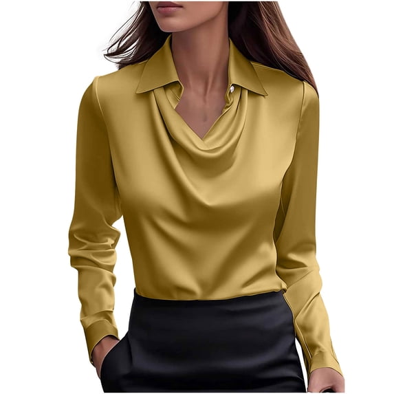 Posijego Women's Satin Silk Tops Cowl Neck Long Sleeve Shirts Lightweight Loose Casual Office Blouses Workwear