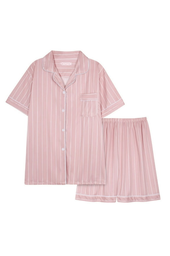 Women's Set 2 Piece Pj Button down Short Sleeve Shirt Matching Shorts Pajama Set Comfort Sleepwear