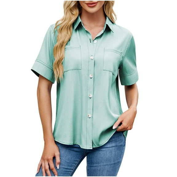 Posijego Women's Short Sleeve Button down Shirts Business Work Collared Blouses Office Formal Interview Shirts