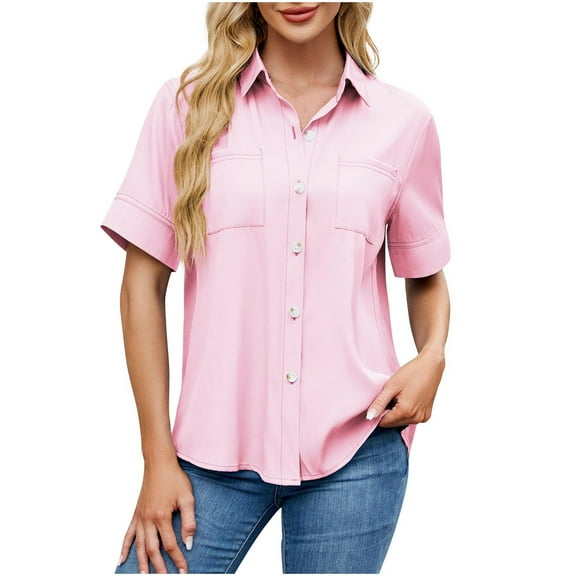 Posijego Women's Short Sleeve Button down Shirts Business Work Collared Blouses Office Formal Interview Shirts