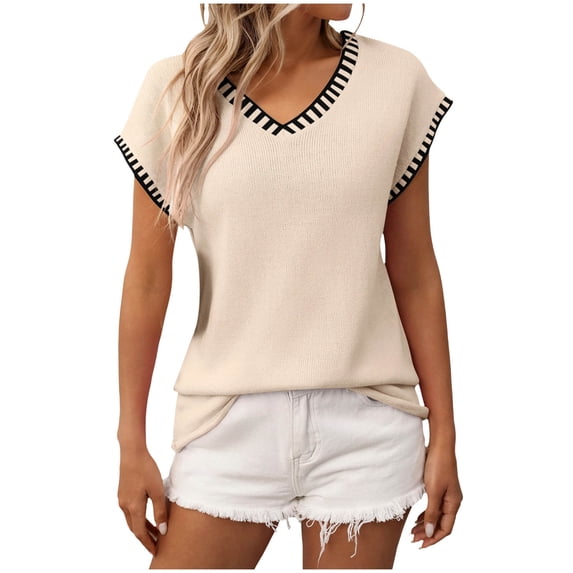 Posijego Women's Short Sleeve Sweaters Knit Tops V Neck Summer Knit Pullover Casual Slim Blouses Sweaters for Women