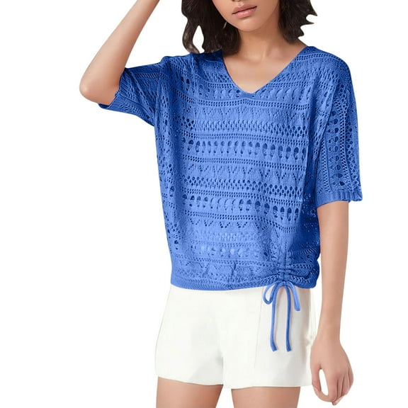 Posijego Women's Short Sleeve Sweaters Summer Crochet Tops Hollow out V Neck Beach Vacation Blouse