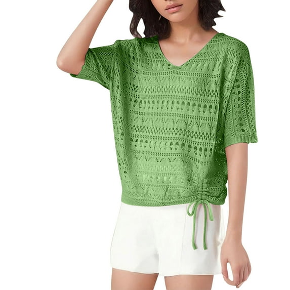 Posijego Women's Short Sleeve Sweaters Summer Crochet Tops Hollow out V Neck Beach Vacation Blouse
