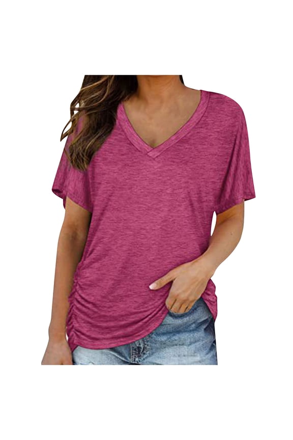 Women's Short Sleeve Tops Casual V Neck Summer T-Shirts Ruched Side Loose Basic Tees