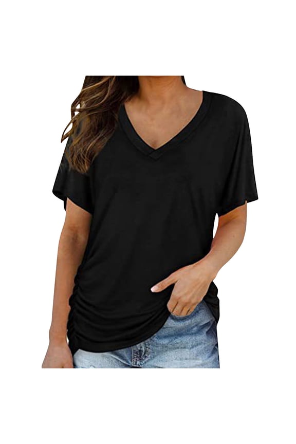 Women's Short Sleeve Tops Casual V Neck Summer T-Shirts Ruched Side Loose Basic Tees