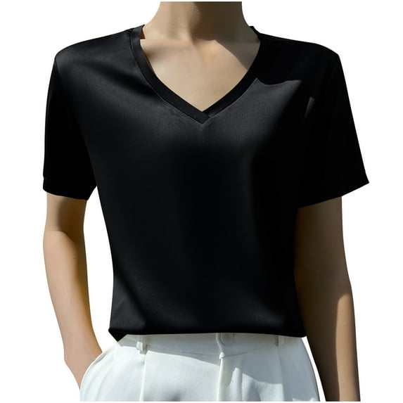 Posijego Women's Silk Satin Blouse Business Casual V Neck Tops Solid Color Loose Summer Tee Shirts for Ladies