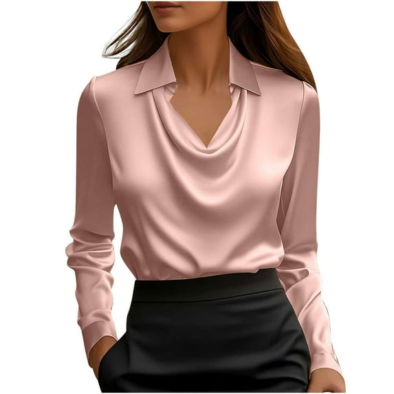 Posijego Women's Silk Satin Blouses Cowl Neck Necked Long Sleeve Casual Dressy Tops Business Work Shirts