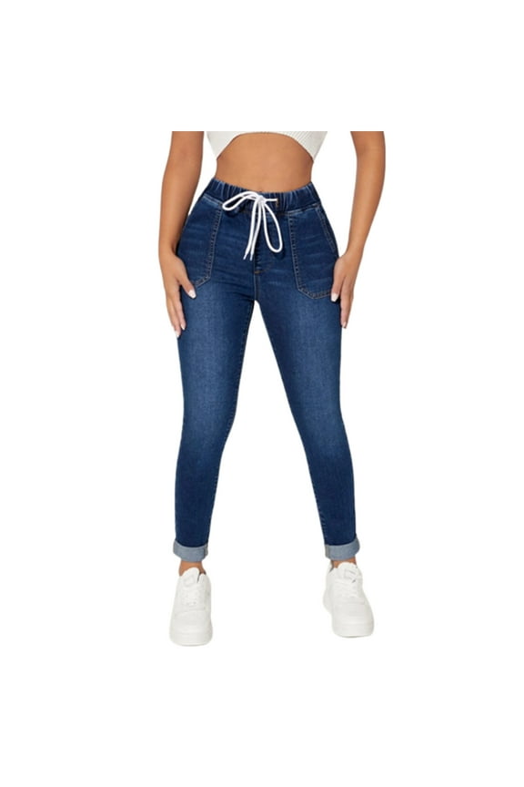 Women's Skinny Jeans Elastic Waist Drawstring Slim Stretch Denim Trouser Petite Jeans with Pockets