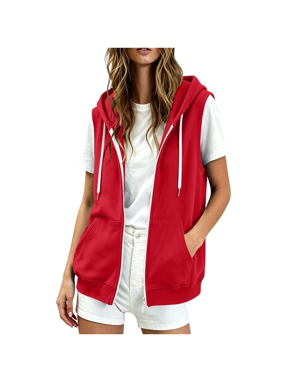 Women's Sleeveless Sweatshirts Zip up Hoodies Drawstring Hooded Vests Athletic Workout Vest Jackets with Pockets