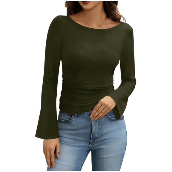 Posijego Women's Spring Long Sleeve Shirts Trendy Going out Tops Cute Flare Sleeve Tight Slim Crop T-Shirts