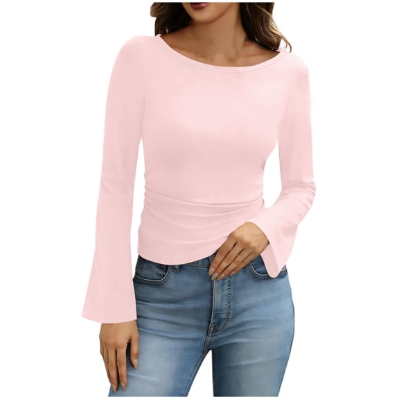 Posijego Women's Spring Long Sleeve Shirts Trendy Going out Tops Cute Flare Sleeve Tight Slim Crop T-Shirts