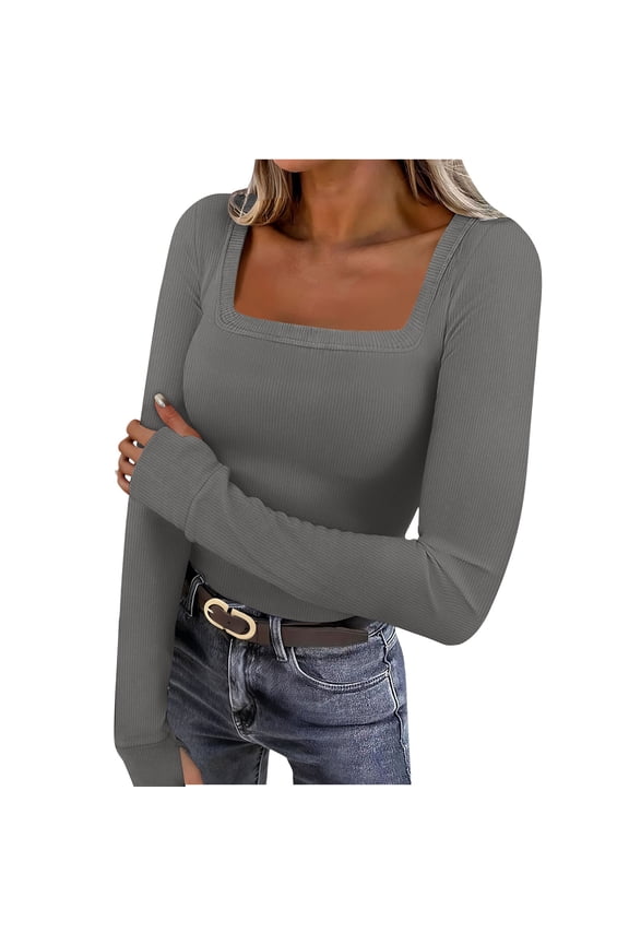 Women's Square Neck Going out Tops Long Sleeve Slim Tight Tee Plain Basic Undershirts Trendy Spring Clothes