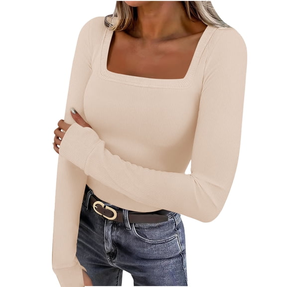 Posijego Women's Square Neck Going out Tops Long Sleeve Slim Tight Tee Plain Basic Undershirts Trendy Spring Clothes