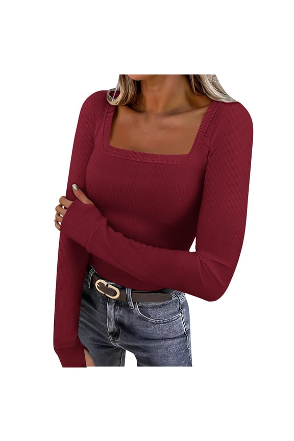 Women's Square Neck Going out Tops Long Sleeve Slim Tight Tee Plain Basic Undershirts Trendy Spring Clothes
