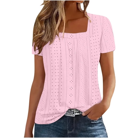 Posijego Women's Square Neck Tunic Tops Summer Casual Loose Short Sleeve Eyelet Blouses Pleated Loose Shirts for Women