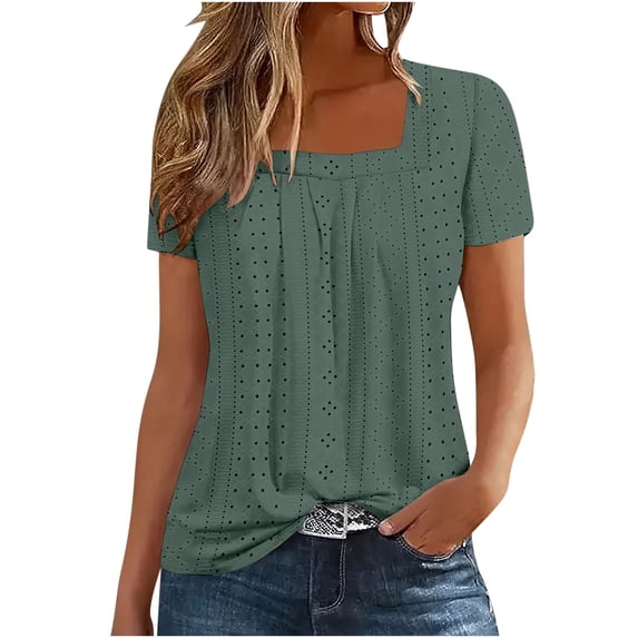 Posijego Women's Square Neck Tunic Tops Summer Casual Loose Short Sleeve Eyelet Blouses Pleated Loose Shirts for Women