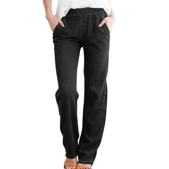 Posijego Women's Straight Leg Pants Look like Denim High Waist Pull on Stretch Casual Dress Trousers with Pockets