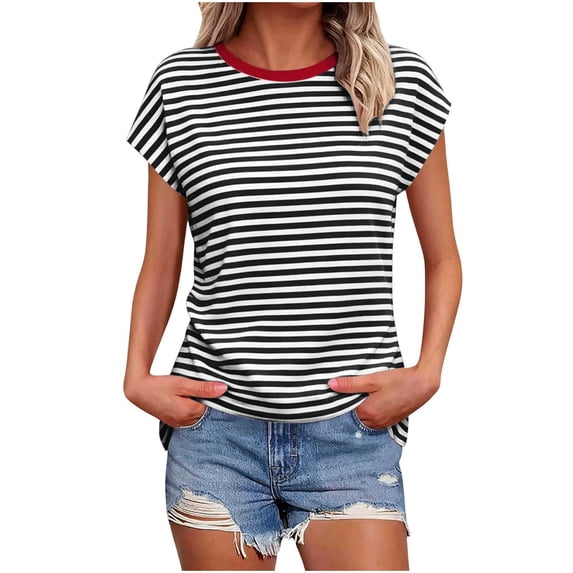 Posijego Women's Striped T-Shirts Short Sleeve Color Block Graphic Tee Shirt Summer Crewneck Casual Tunic Tops for Women