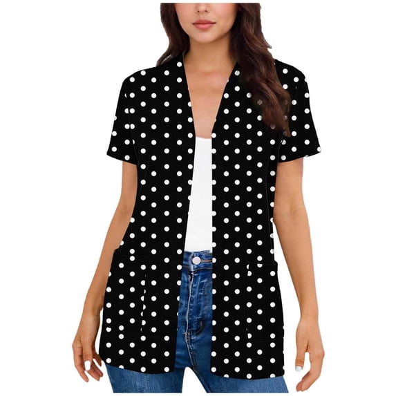 Posijego Women's Summer Cardigans Polka Dot Short Sleeve Tunic Lightweight Casual Open Front Cardigan with Pockets